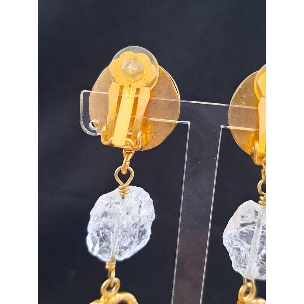 Molten Gold Tone Nugget Clear Rock Crystal and Coral/ Branch Clip Earrings - Picture 6 of 9